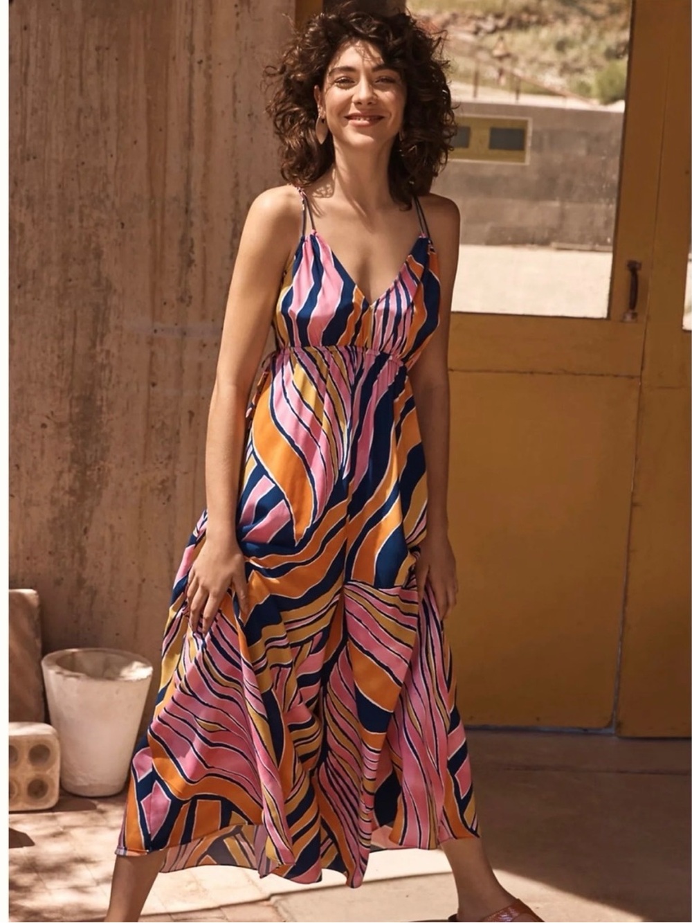 Maeve Multicolor Wavy-Stripe Spaghetti-Strap Jumpsuit — Pink, Blue & Orange